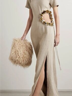 Beige Cutout Maxi Dress with Floral O-Ring Detail